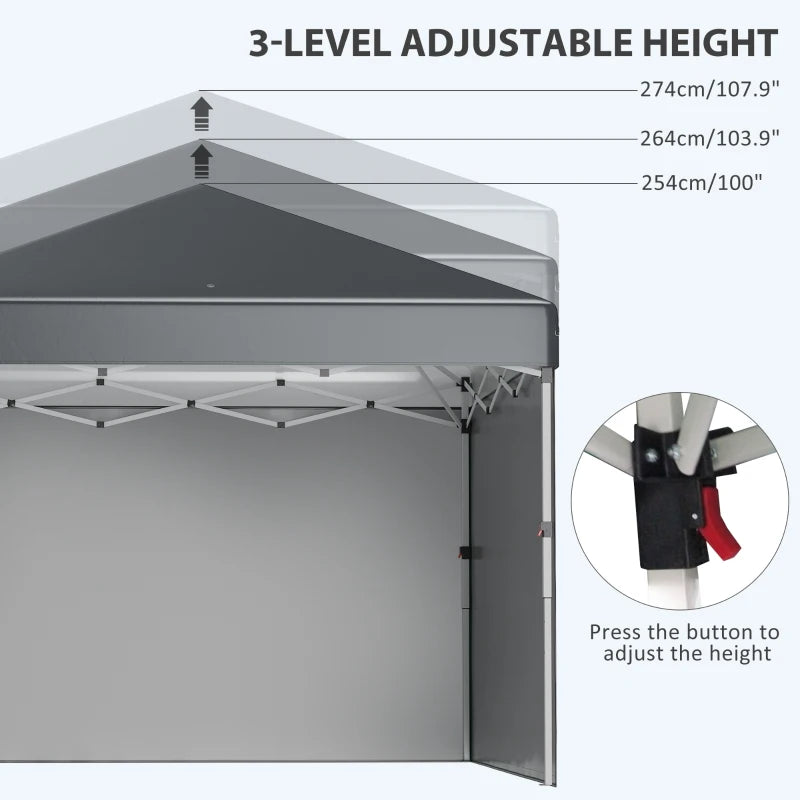 Dark Grey 3m x 3m Pop Up Gazebo with 2 Sidewalls, Leg Weight Bags and Carry Bag, Height Adjustable