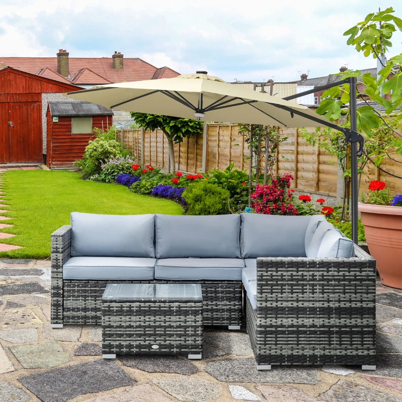 Outsunny 4 Pieces Rattan Garden Furniture Sets Wicker Patio Conservatory Dining Set with Corner Sofa Loveseat Coffee Table Cushions for Balcony Backyard Pool Grey