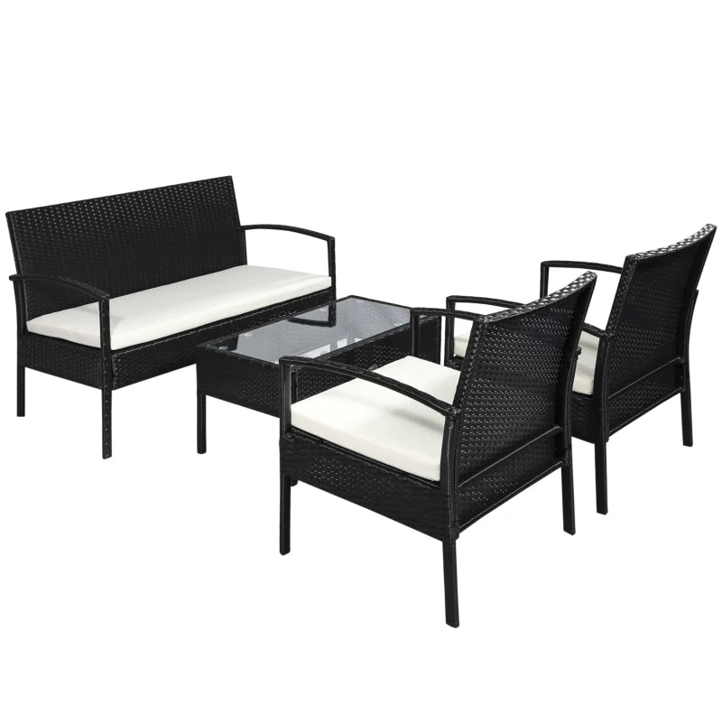 Black 4-Piece PE Rattan Garden Set: Corner Sofa with Cushions, Armchairs, Loveseat & Glass-Top Table
