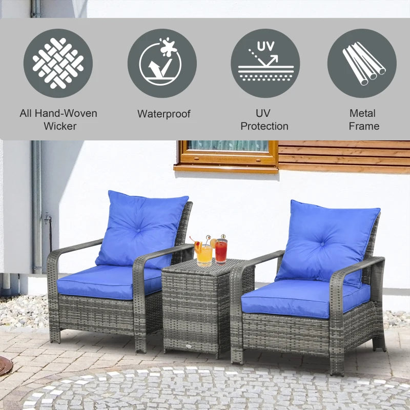 Blue 3 Piece Rattan Bistro Set With Storage