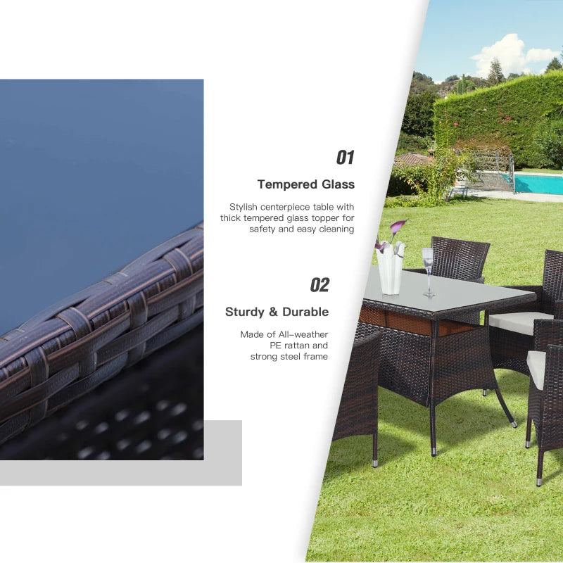 6 Seater Rattan Dining Set with Cushions - Rattan Garden Furniture Set with 6 Armchairs & Rectangular Glass Top Table
