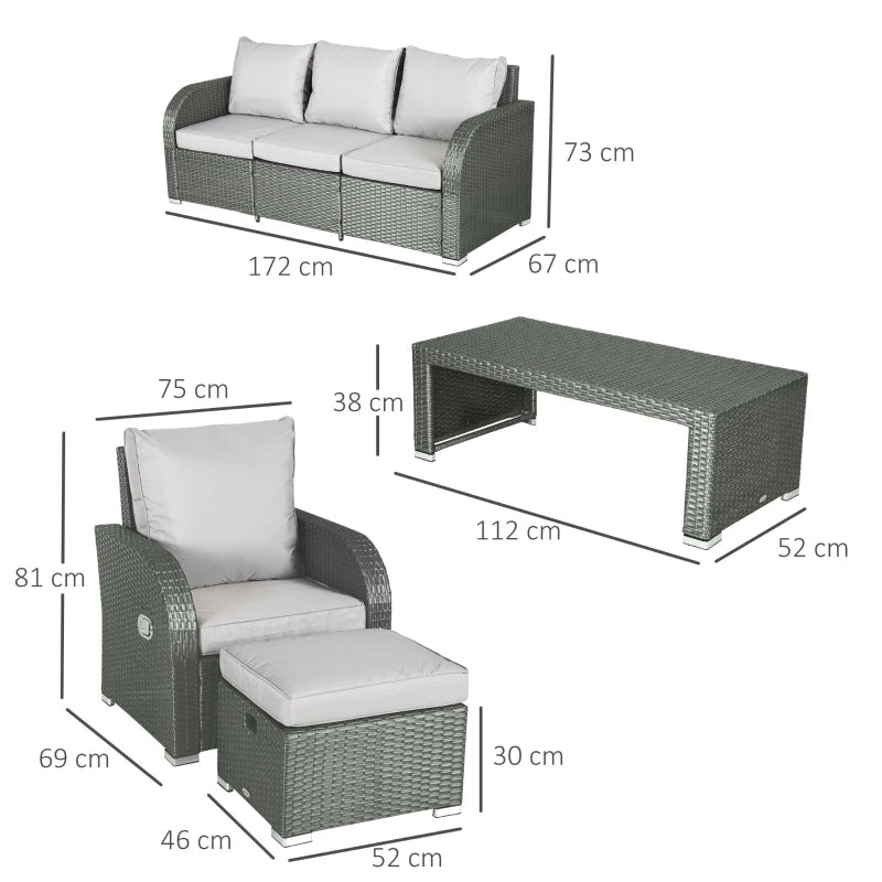 Light Grey 7 Seater Rattan Sofa, Coffee Table & Footstools