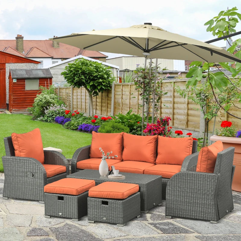 3-Seater Orange Cushioned Rattan Sofa With 2 Armchairs and 2 Footstools + Coffee Table