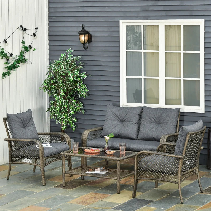 4 Piece Patio PE Rattan Wicker Sofa Set With Two Tier Coffee Table & Cushions