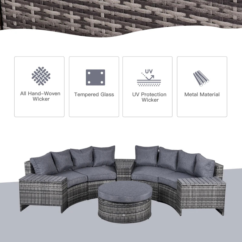 8 Piece Grey Half Round Rattan Sofa Set With 1 Umbrella Hole, Side Table and 2 Storage Tables
