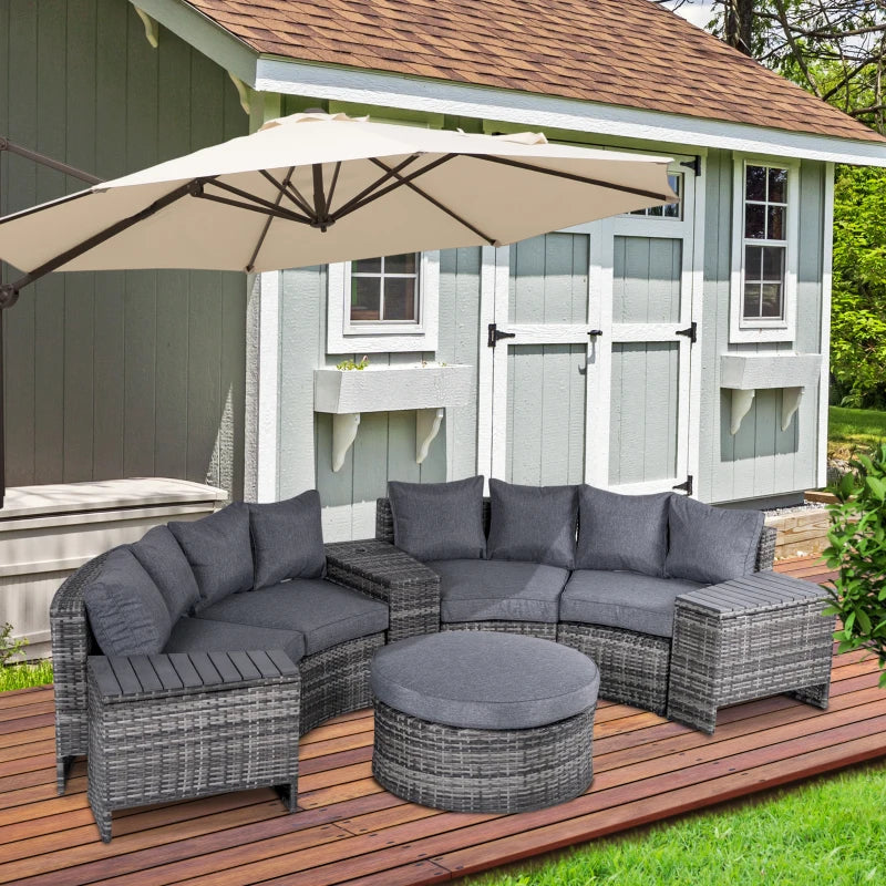 8 Piece Grey Half Round Rattan Sofa Set With 1 Umbrella Hole, Side Table and 2 Storage Tables