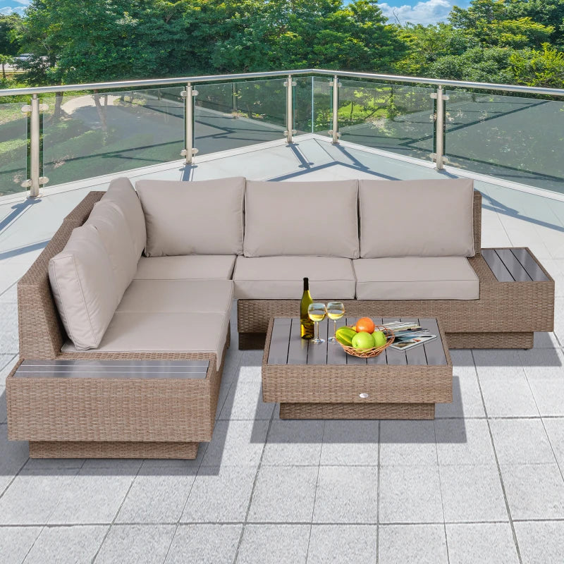 Beige 5 Seater Rattan Corner Sofa and Coffee Table Set