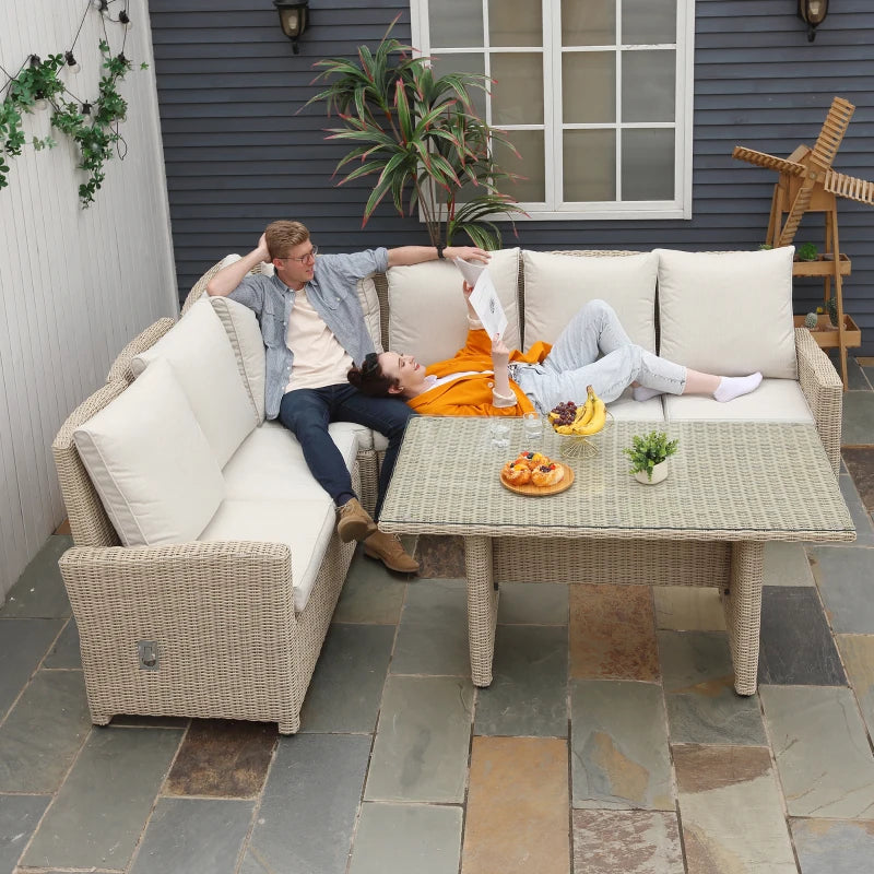 Light Brown 6-Seater Reclining Rattan Dining Set With Glass Table & Olefin Cushions