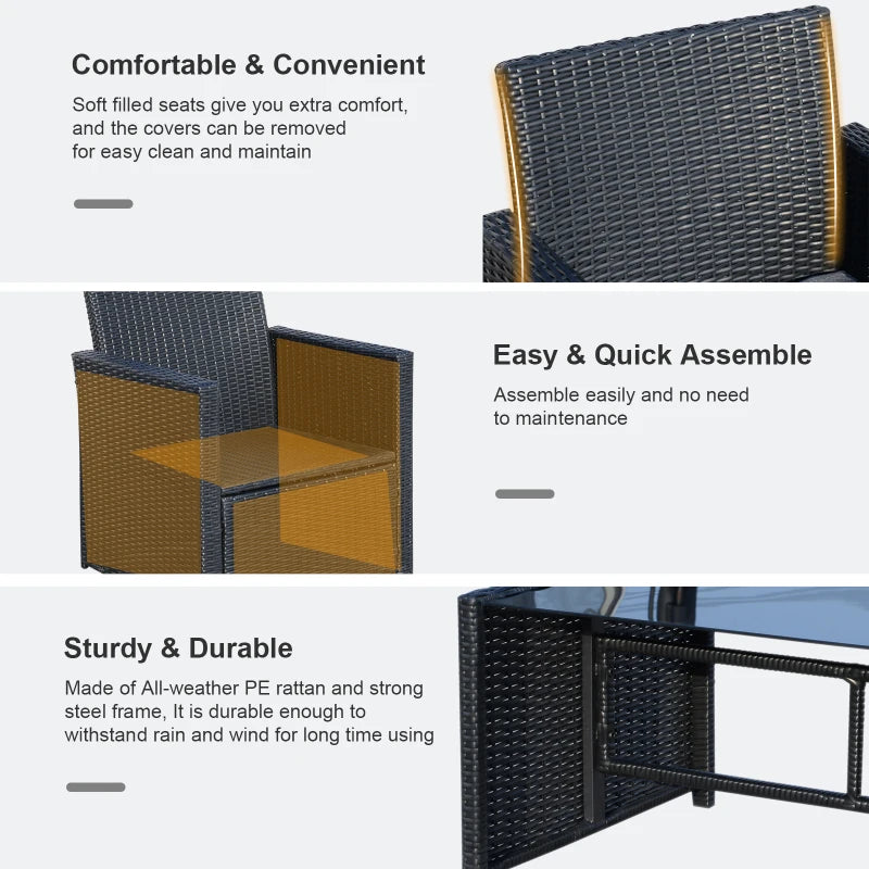 Black 4 Piece Rattan Furniture Set with Grey Cushions, 2 Armchairs and Dark Coffee Table