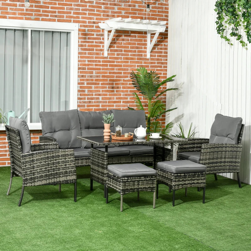 Grey Rattan Furniture Set - 2 Armchairs, 3-seater Wicker Sofa, 2 Footstools and Glass Table