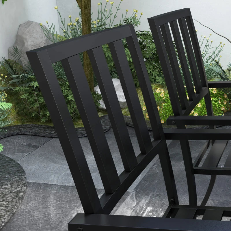 Black Metal 7 Piece Garden Dining Set With Umbrella Hole & Table Plus Stackable Chairs