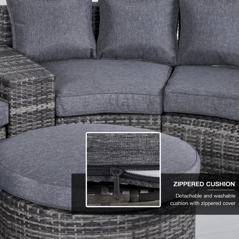 8 Piece Grey Half Round Rattan Sofa Set With 1 Umbrella Hole, Side Table and 2 Storage Tables