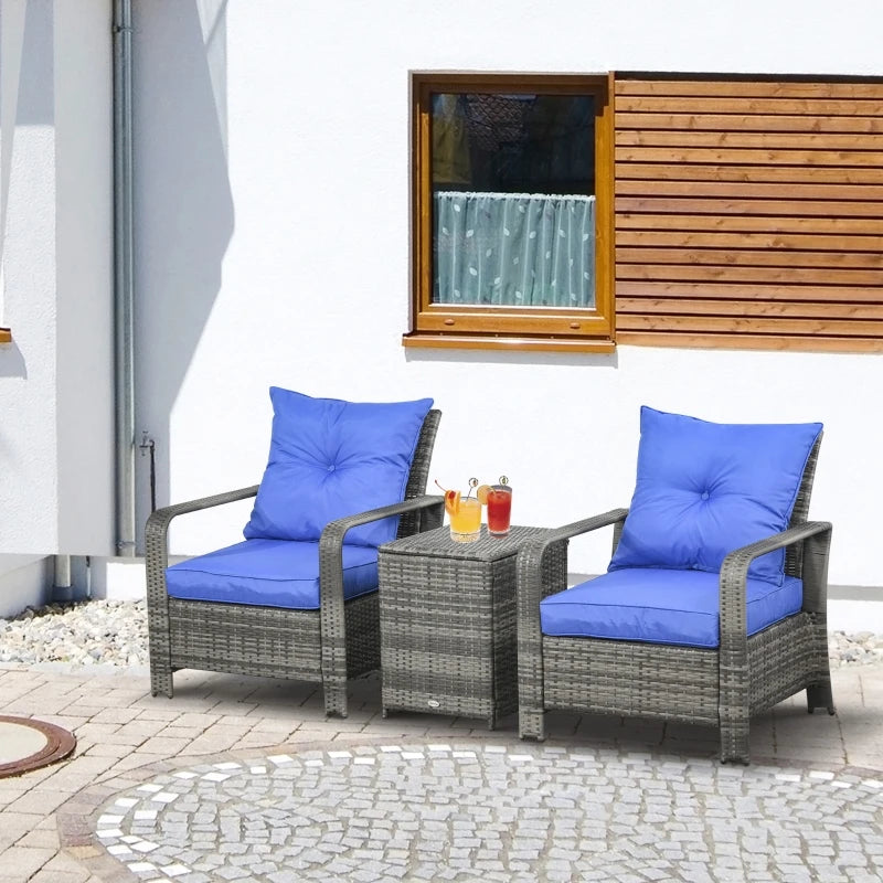 Blue 3 Piece Rattan Bistro Set With Storage