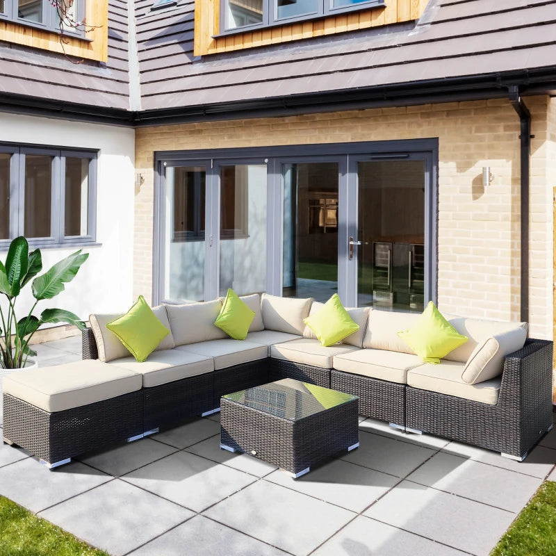 Mixed Brown 8 Piece Rattan Corner Sofa Set with Thick Cushions and Glass Top Table