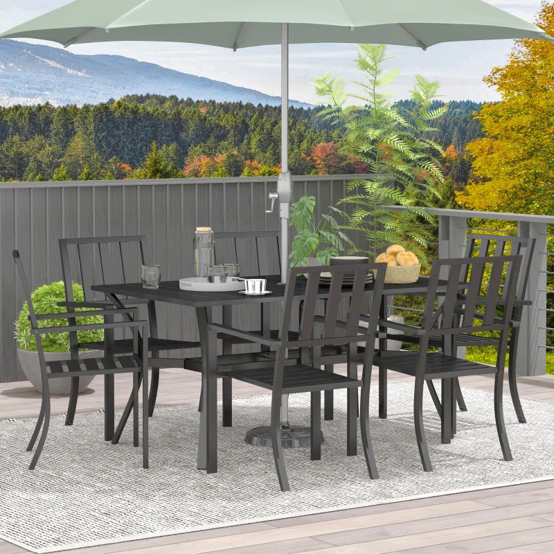 Black Metal 7 Piece Garden Dining Set With Umbrella Hole & Table Plus Stackable Chairs