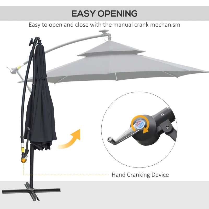 Black 3m Parasol With LED Solar Lights
