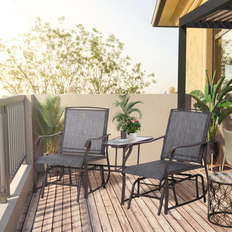 Pair of Rocking Chairs with Table & Breathable Mesh Fabric Seat - Brown Frame & Grey Mesh