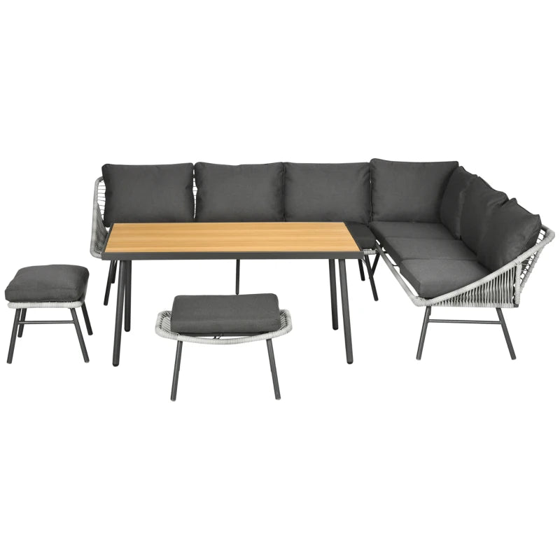 Dark Grey 6 Seater Rattan Furniture Set with Sofa, Footstool and Wood-Plastic Coffee Table