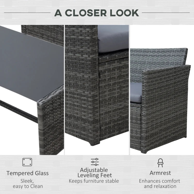 4 Piece Rattan Furniture Set with Cushions, Loveseat, 2 Armchairs and Glass Top Coffee Table