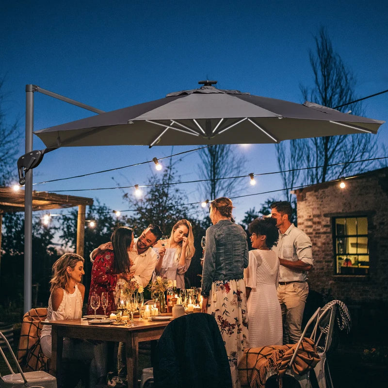 2.55H x 2.98m Light Grey Adjustable Cantilever Parasol With LED Lights