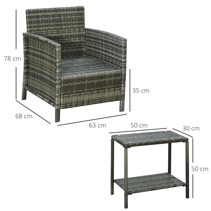 Grey Rattan Bistro Set With Blue Cushions and Striped Pillows, Plus Glass Top Table