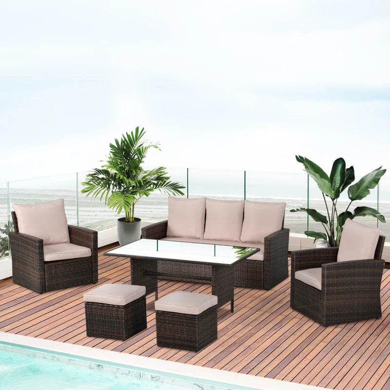 Brown 6 Piece Rattan Dining Set With Dark Grey Cushions