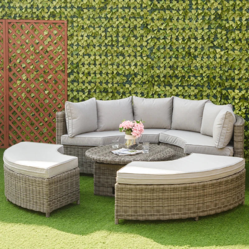 Grey 5 Piece Rattan Daybed with Cushions & Liftable Coffee Table + Protective Cover