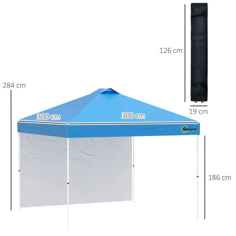 Blue 3m x 3m Pop Up Gazebo with 1 Side and Roller Bag - Height Adjustable