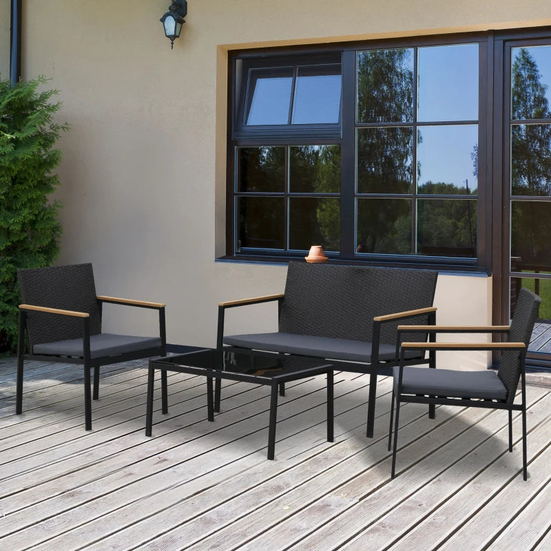 Rattan 4-Piece Garden Set: Includes 2 Armchairs, Loveseat Bench, Cushions, and Coffee Table
