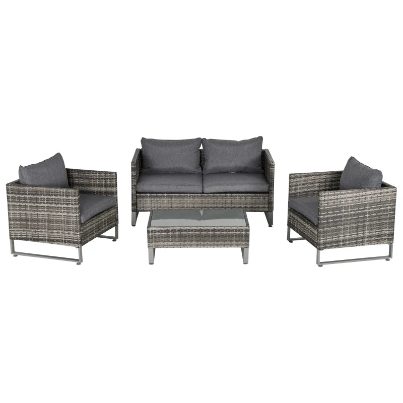 Dark Grey 4 Piece Rattan Sofa Set With Armchairs, Loveseat and Glass Top Coffee Table