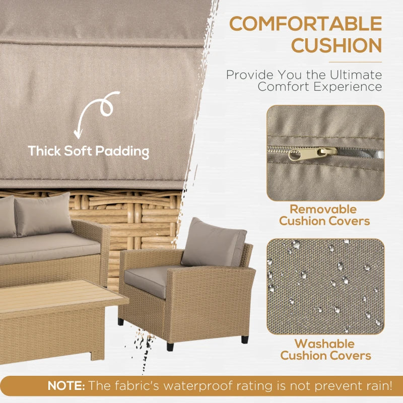 Light Brown 4 Piece Rattan Furniture Set With Adjustable Table & Thick Cushions