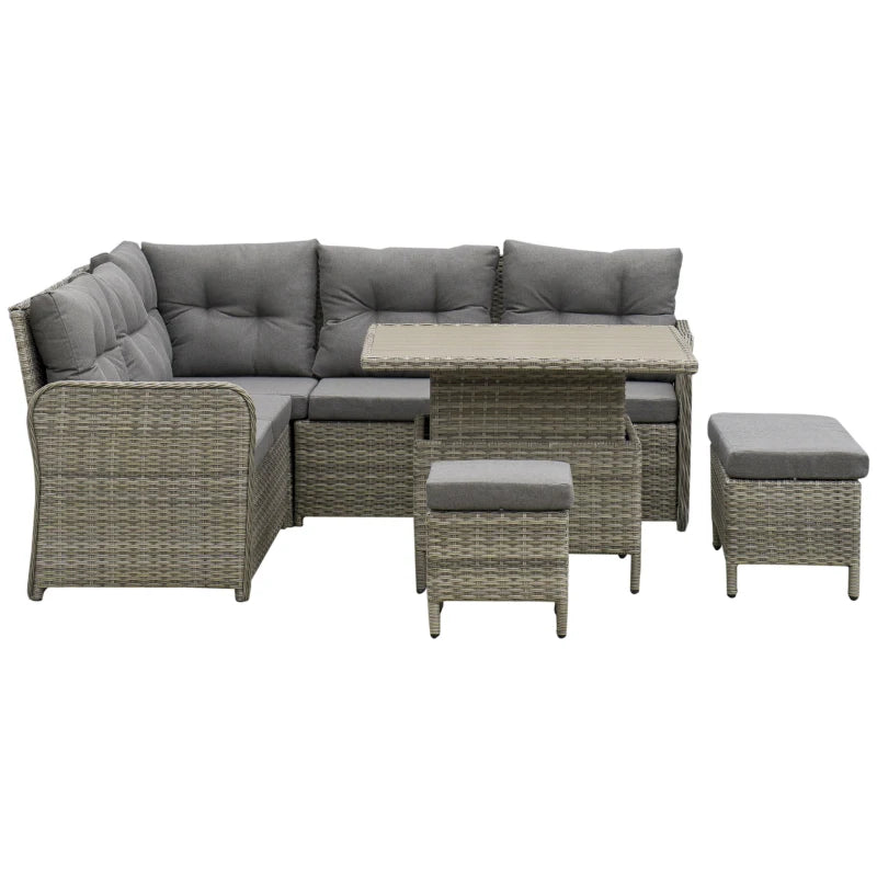 Grey 6 Piece Rattan Corner Sofa With Soft Padded Cushions & Liftable Coffee Table