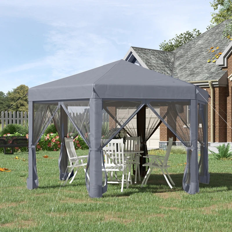 Grey 3.2m Hexagonal Pop Up Gazebo with Mesh Sidewalls