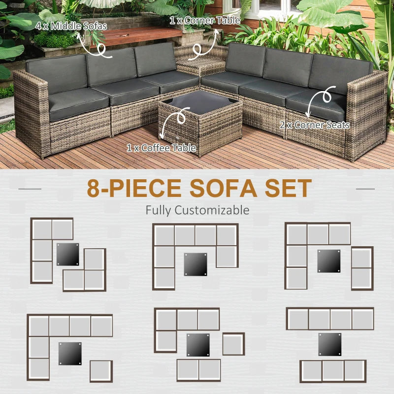 Brown 8 Piece Rattan Furniture Set with Cushions - x3 Two Seater Sofas With Table and Cushions