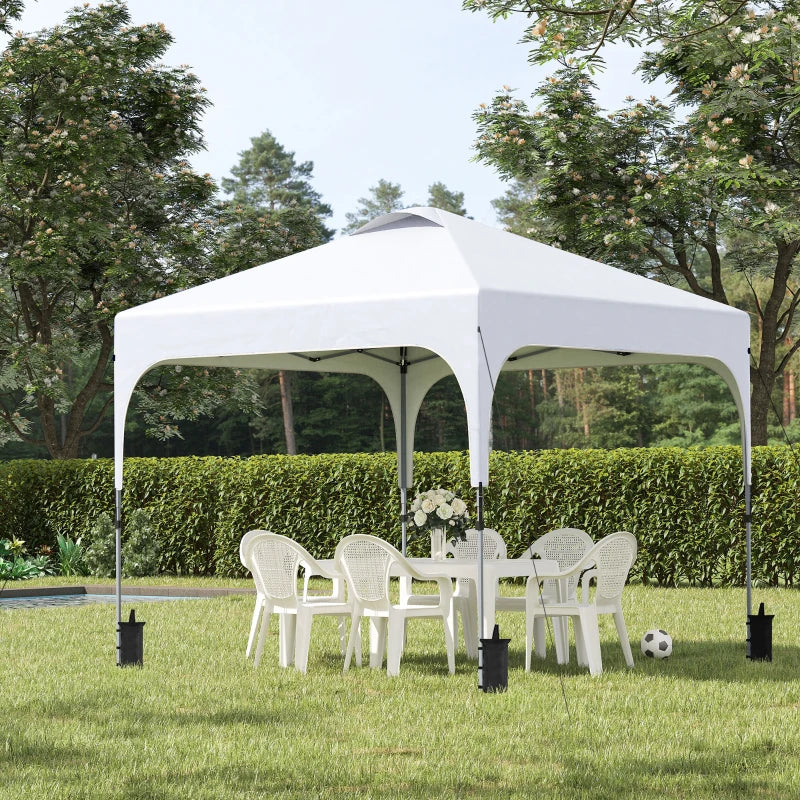 3m x 3m White Pop Up Gazebo, with Wheels and 4 Leg Weight Bags - Height Adjustable