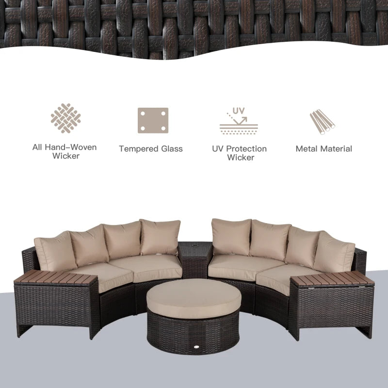 8 Piece Curved Rattan Sofa Set With Umbrella and Two Stroage Functional Side Tables