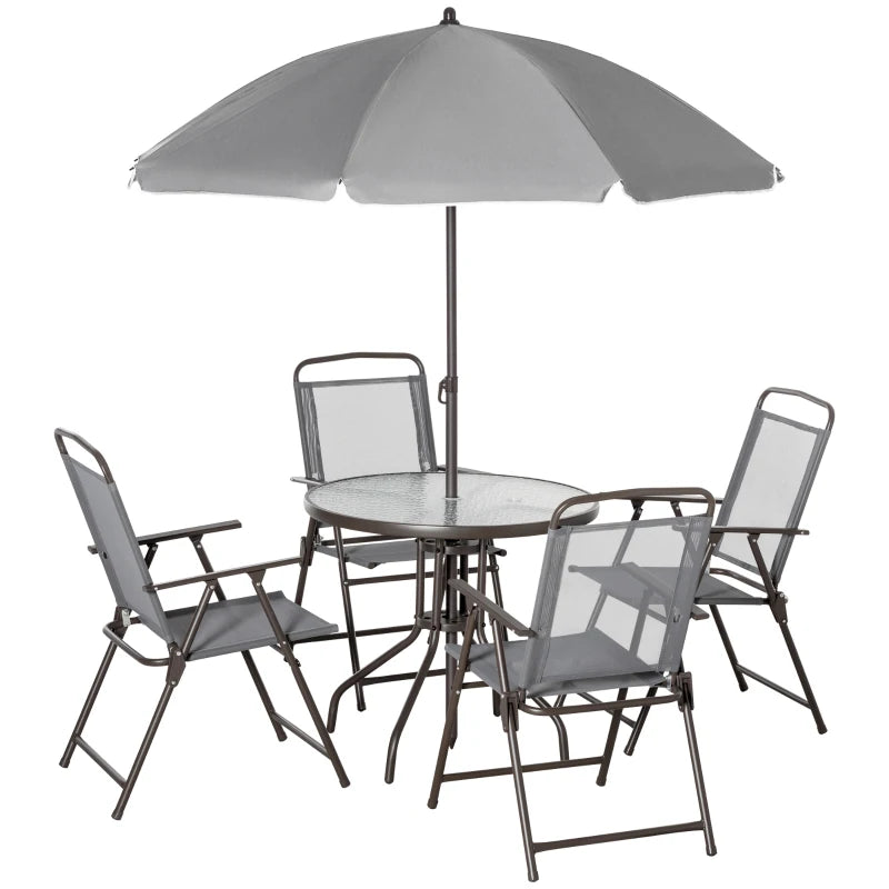 Grey 6 Piece Dining Set With Foldable Chairs & Parasol
