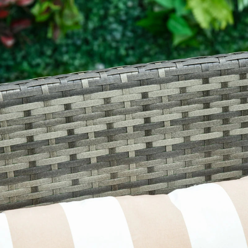 Grey Rattan Bistro Set With Blue Cushions and Striped Pillows, Plus Glass Top Table