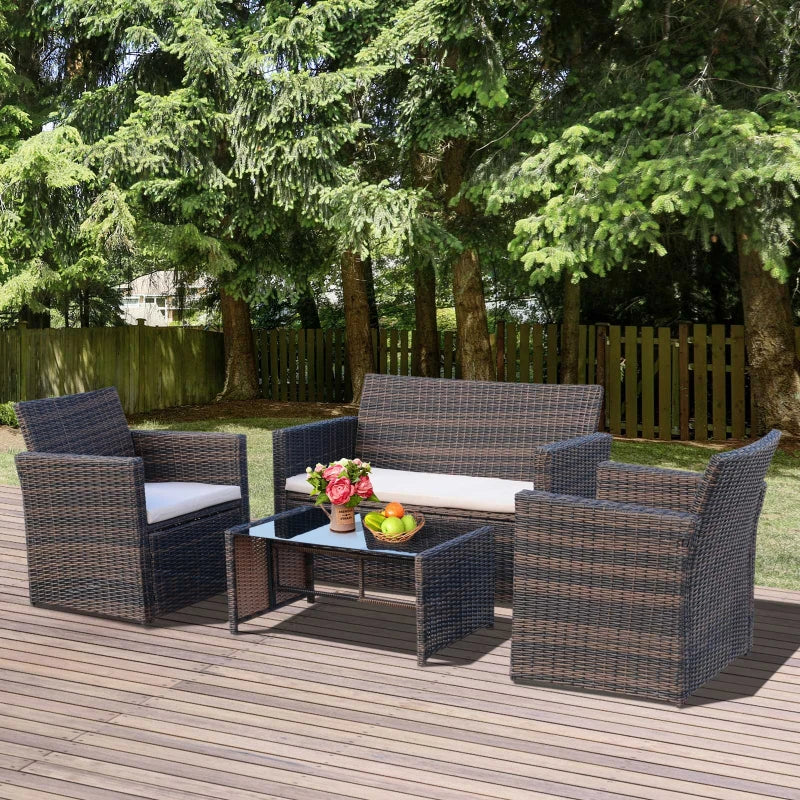 Mixed Brown 4 Piece Rattan Furniture Set with Cream Cushions, 2 Armchairs and Glass Top Coffee Table