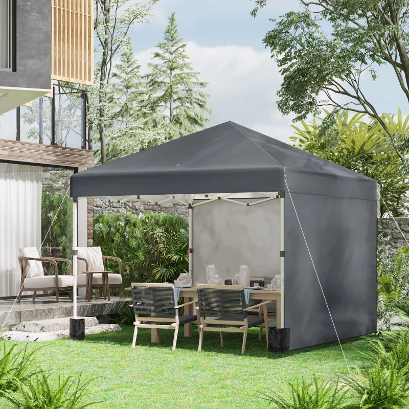 Dark Grey 3m x 3m Pop Up Gazebo with 2 Sidewalls, Leg Weight Bags and Carry Bag, Height Adjustable