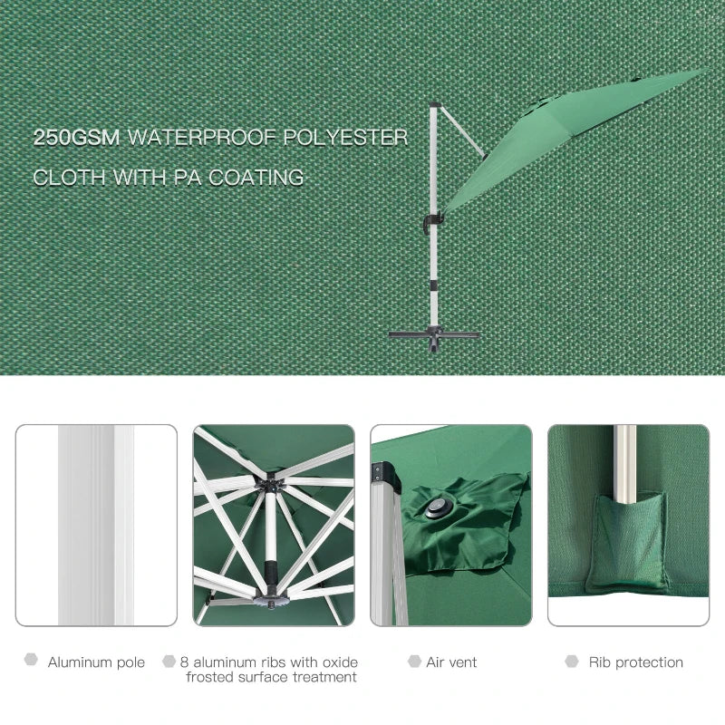 Green 3m x 3m Cantilever Parasol With Aluminium Frame