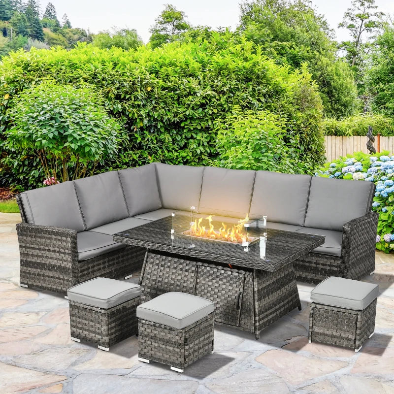 6 Seater Rattan Sofa With Fire Table - Grey