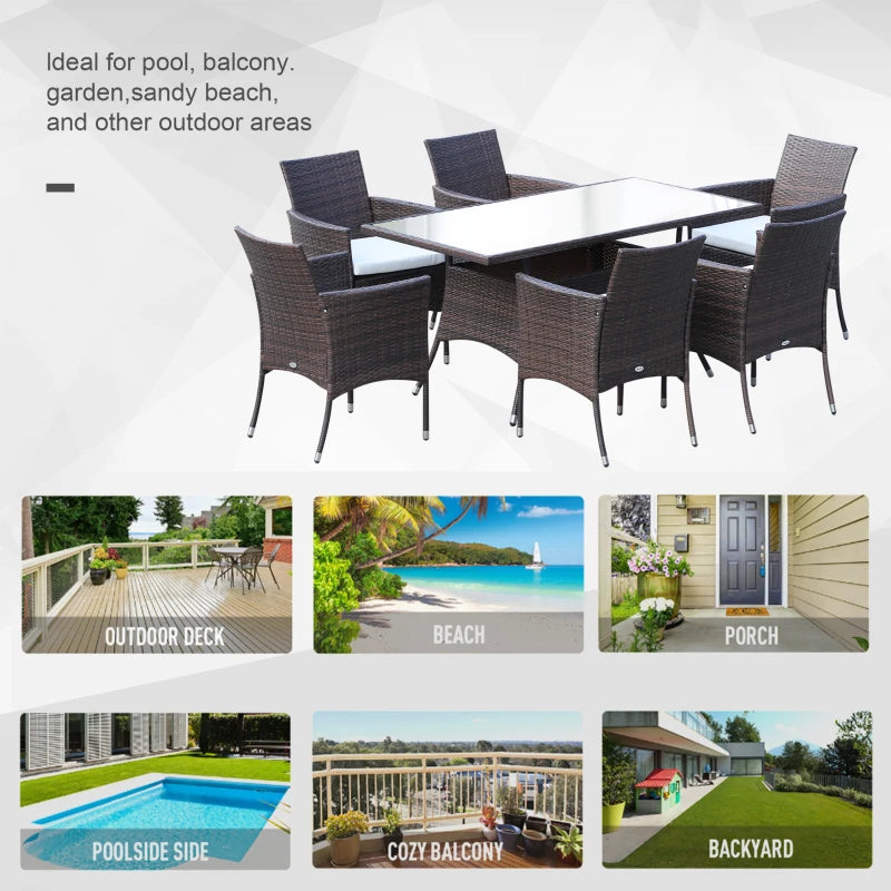 6 Seater Rattan Dining Set with Cushions - Rattan Garden Furniture Set with 6 Armchairs & Rectangular Glass Top Table