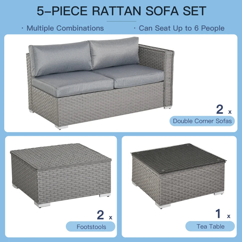 Grey 4 Seater Rattan Corner Sofa Set With Coffee Table and Footstools