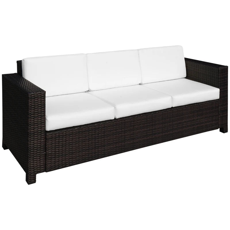 Dark Brown 3 Seater Rattan Sofa With White Cushions