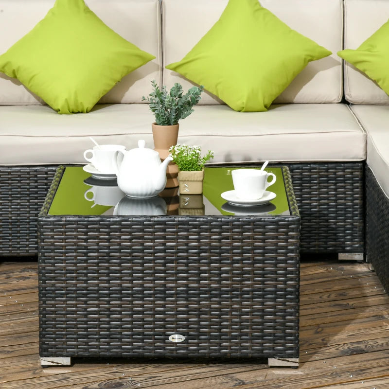 Brown 7-Seater Rattan Corner Sofa Set, Garden Furniture Set & Tempered Glass Table