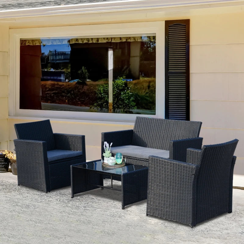 Black 4 Piece Rattan Furniture Set with Grey Cushions, 2 Armchairs and Dark Coffee Table
