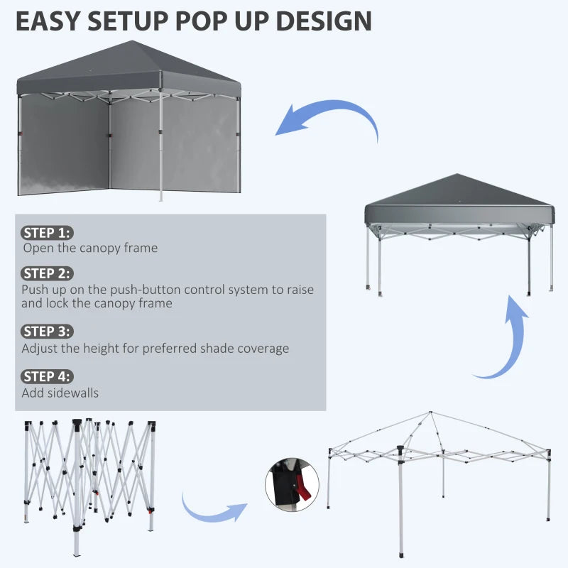 Dark Grey 3m x 3m Pop Up Gazebo with 2 Sidewalls, Leg Weight Bags and Carry Bag, Height Adjustable