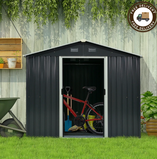 Dark Grey Metal Shed With Open Doors and Red Bike inside. On green lawn