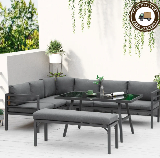 Garden sofa with cushions and black metal frame